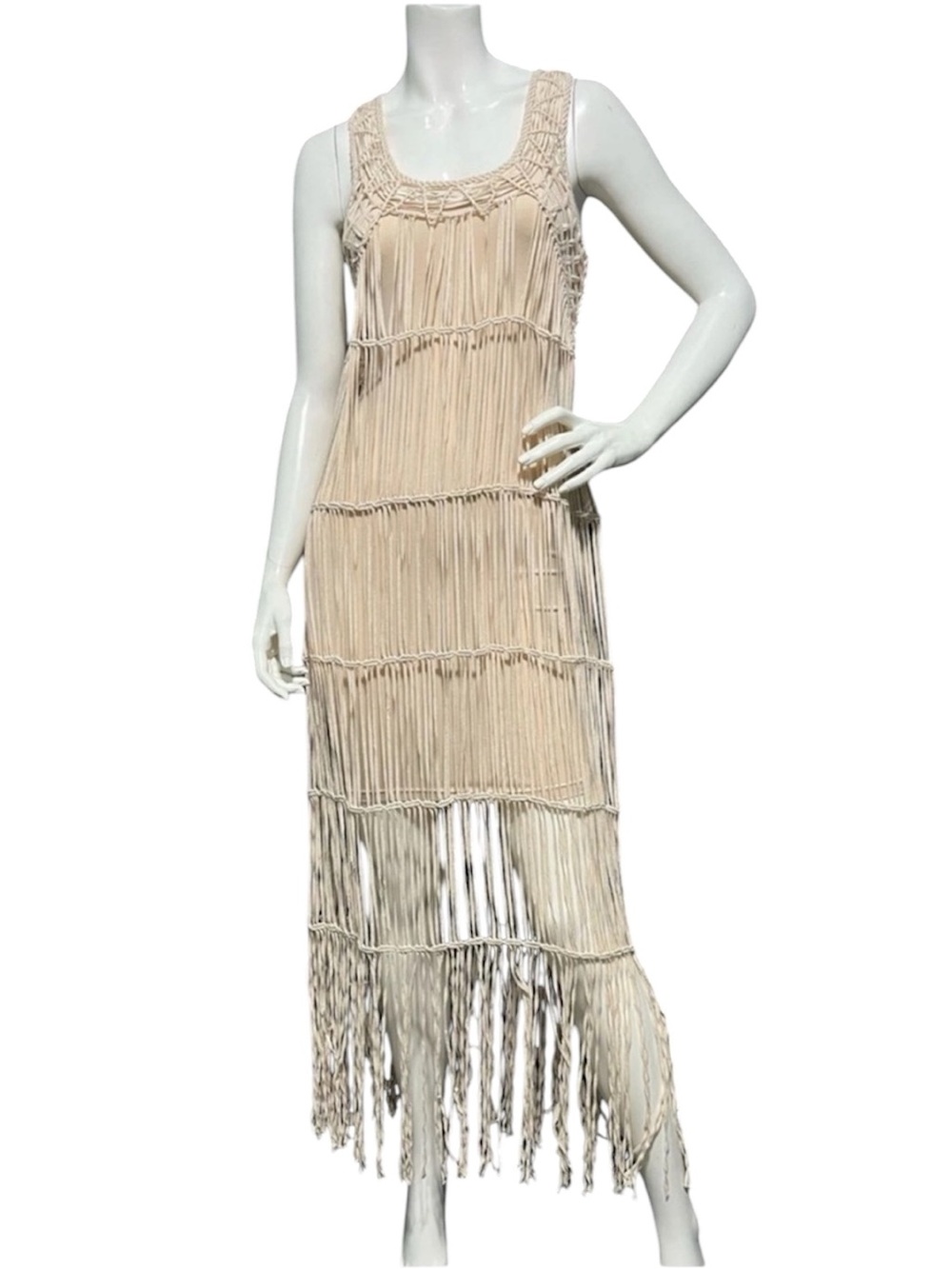 🔥 KARDASIAN KOLLECTION NATURAL STRING BEACH Boho Fringe Maxi Dress in Cream XL